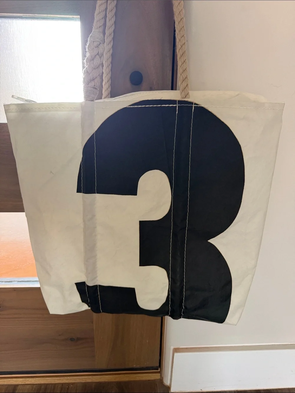 Sea Bags Maine Tote Bag with Black Number 3 Print - Rope Handles. Recycled Sails - Picture 2 of 16